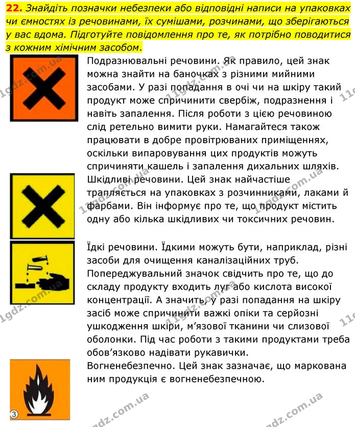 22. Знайдіть позначки небезпеки або відповідні написи на упаковках чи ємностях із речовинами, їх сумішами, розчинами, що зберігаються у — ГДЗ Хімія 7 клас Попель 2020