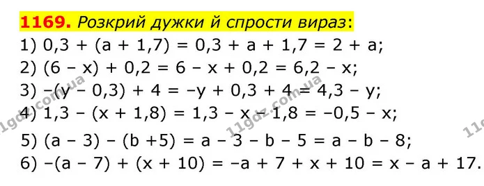 1169. Розкрий дужки й спрости вираз: — ГДЗ Математика 6 клас Істер 2023 1-2 ч.