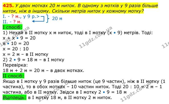 425. У двох мотках 20 м ниток. В одному з мотків у 9 разів більше ниток, ніж в іншому. Скільки метрів ниток у кожному мотку? — ГДЗ Математика 3 клас Лишенко (1, 2 частина)