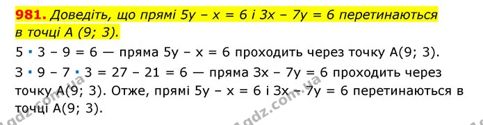 981. Доведіть, що прямі 5y – x = 6 і 3x – 7y = 6 перетинаються — ГДЗ Алгебра 7 клас Мерзляк, Полонський 2015