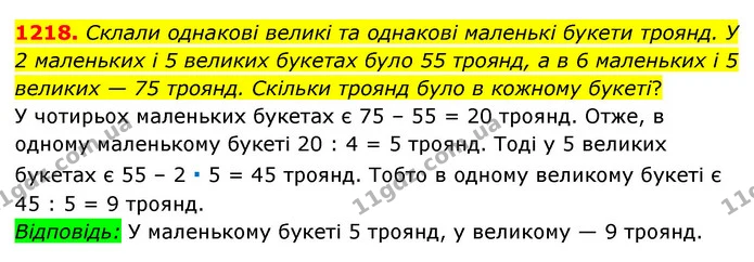 1218. Склали однакові великі та однакові маленькі букети троянд. У 2 маленьких і 5 великих букетах було 55 троянд, а в 6 маленьких і 5 — ГДЗ Математика 6 клас Мерзляк 2023 1-2 ч.