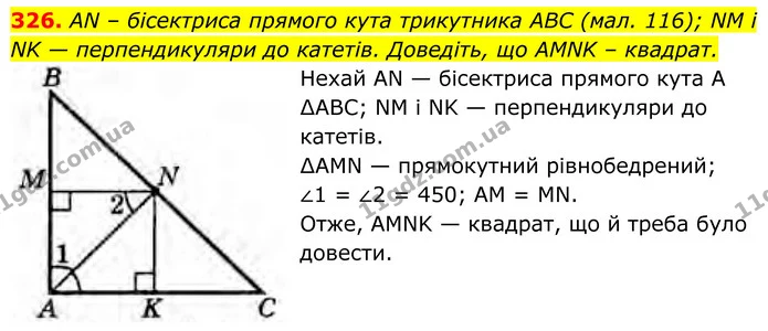 326. AN – бісектриса прямого кута трикутника ABC (мал.116); NM і NK — перпендикуляри до катетів. Доведіть, що AMNK – квадрат. — ГДЗ Геометрія 8 клас Бурда
