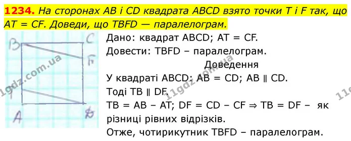 1234. На сторонах АB і СD квадрата АBCD взято точки Т і F так, що АТ = СF. Доведи, що ТBFD — паралелограм. — ГДЗ Геометрія 8 клас Бевз