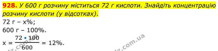 928. У 600 г розчину міститься 72 г кислоти. Знайдіть концентрацію розчину кислоти (у відсотках). — ГДЗ Алгебра 7 клас Тарасенкова 2024