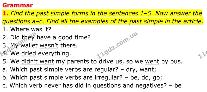 1. Find the past simple forms in the sentences 1–5. Now answer the questions a–c. Find all the examples of the past simple in the — ГДЗ Англійська мова 7 клас Коста