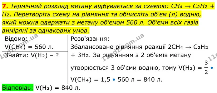 7. Термічний розклад метану відбувається за схемою: CH₄ → C₂H₂ + H₂. Перетворіть схему на рівняння та обчисліть об'єм (л) водню, який — ГДЗ Хімія 8 клас Мідак