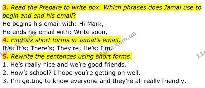3. Read the Prepare to write box. Which phrases does Jamal use to begin and end his email? — ГДЗ Англійська мова 8 клас Стайрінг (Prepare)