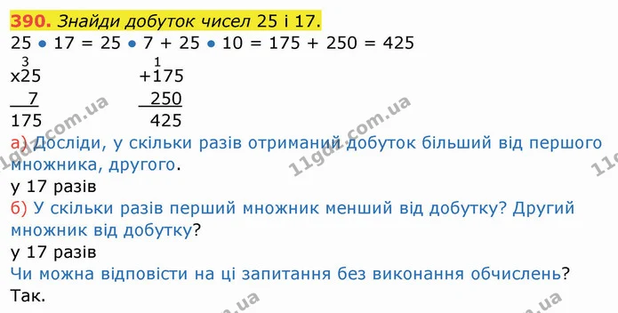 390. Знайди добуток чисел 25 і 17. — ГДЗ Математика 4 клас Заїка