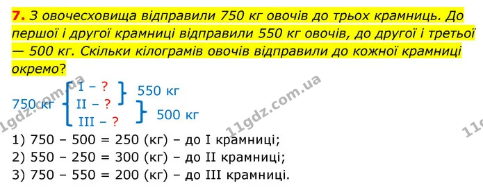 7. З овочесховища відправили 750 кг овочів до трьох крамниць. До першої і другої крамниці відправили 550 кг овочів, до другої і третьої — ГДЗ Математика 3 клас Логачевська 1-2 ч.