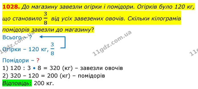 1028. До магазину завезли огiрки i помiдори. Огiркiв було 120 кг, — ГДЗ Математика 5 клас Бевз