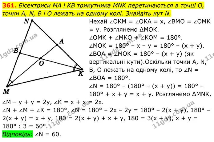 361. Бісектриси MA і KB трикутника MNK перетинаються в точці О, точки A, N, B i O лежать на одному колі. Знайдіть кут N. — ГДЗ Геометрія 8 клас Мерзляк