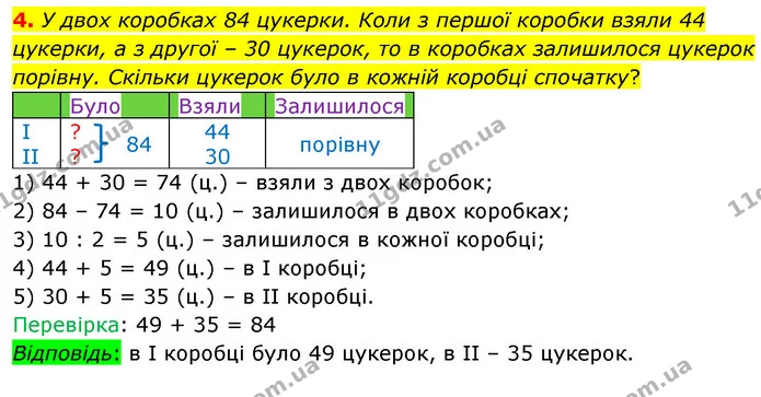 4. У двох коробках 84 цукерки. Коли з першої коробки взяли 44 цукерки, а з другої – 30 цукерок, то в коробках залишилося цукерок — ГДЗ Математика 3 клас Скворцова 1-2 ч.
