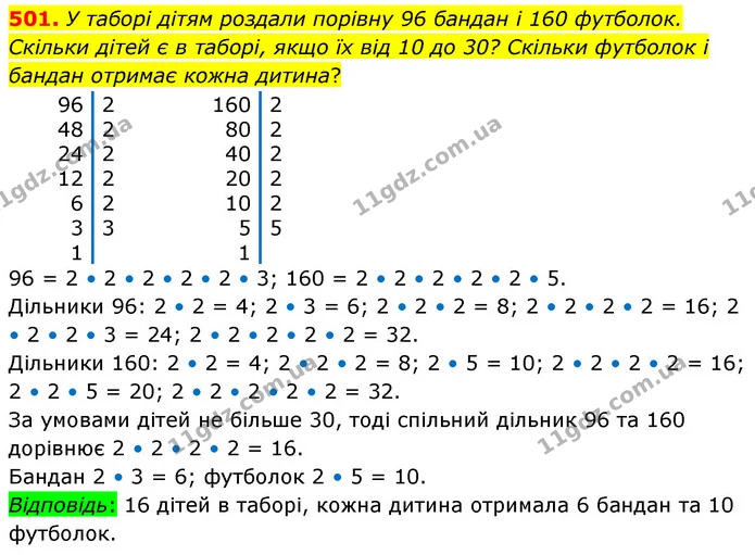 501. У таборі дітям роздали порівну 96 бандан і 160 футболок. Скільки дітей є в таборі, якщо їх від 10 до 30? Скільки футболок і бандан — ГДЗ Математика 6 клас Бевз 1-2 ч.