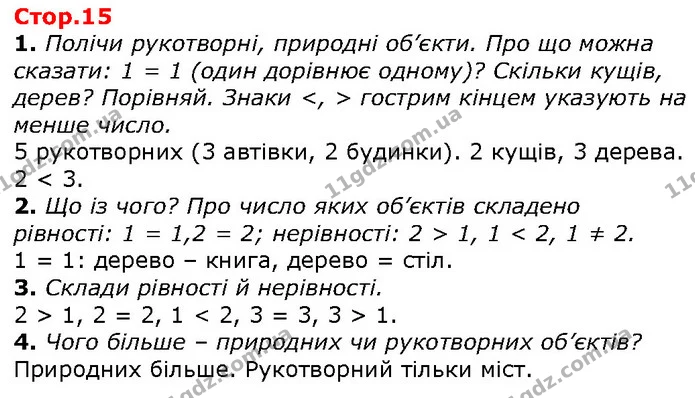 1. Полічи рукотворні, природні об’єкти. Про що можна сказати: 1 = 1 (один дорівнює одному)? Скільки кущів, дерев? Порівняй. Знаки <, > — ГДЗ Математика 1 клас Лишенко 2018