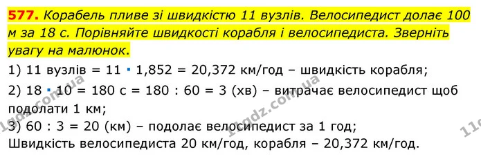 577. Корабель пливе зі швидкістю 11 вузлів. Велосипедист долає 100 м за 18 с. Порівняйте швидкості корабля і велосипедиста. Зверніть — ГДЗ Алгебра 7 клас Істер 2020