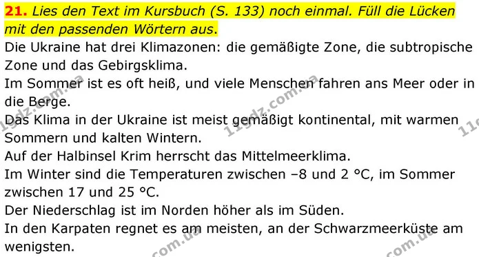 21. Lies den Text im Kursbuch (S. 133) noch einmal. Füll die Lücken mit den passenden Wörtern aus. — ГДЗ робочий зошит Німецька мова 8 клас Басай