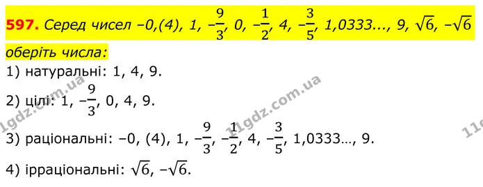 597. Серед чисел –0,(4), 1, –93, 0, –12, 4, –35, 1,0333..., 9, 6, –6 оберіть числа: — ГДЗ Алгебра 8 клас Тарасенкова