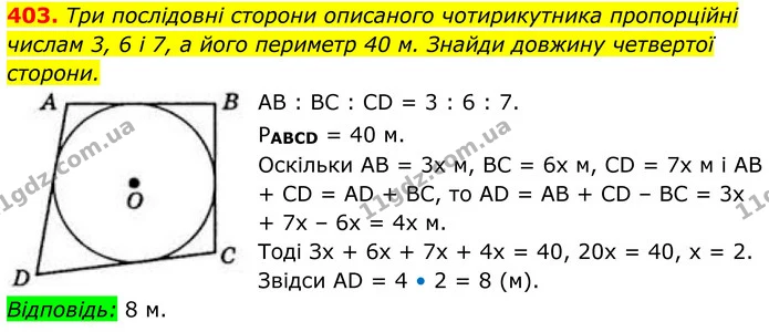 403. Три послідовні сторони описаного чотирикутника пропорційні числам 3, 6 і 7, а його периметр 40 м. Знайди довжину четвертої — ГДЗ Геометрія 8 клас Бевз