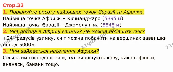 1. Порівняйте висоту найвищих точок Євразії та Африки. — ГДЗ Я досліджую світ 4 клас Гільберг 1-2 ч.