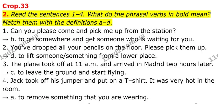 2. Read the sentences 1–4. What do the phrasal verbs in bold mean? Match them with the definitions a–d. — ГДЗ Англійська мова 8 клас Мітчелл