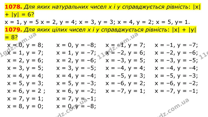 1078. Для яких натуральних чисел х і у справджується рівність: |х| + |у| = 6? — ГДЗ Математика 6 клас Тарасенкова 2023 1-2 ч.