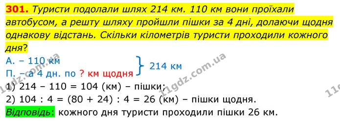 301. Туристи подолали шлях 214 км. 110 км вони проїхали автобусом, а решту шляху пройшли пішки за 4 дні, долаючи щодня однакову — ГДЗ Математика 4 клас Листопад