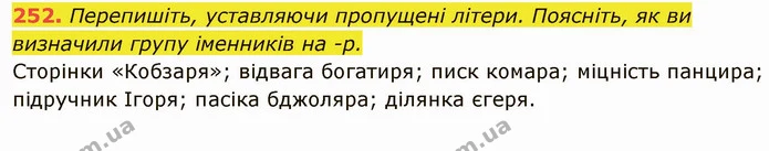 252. Перепишіть, уставляючи пропущені літери. Поясніть, як ви визначили групу іменників на -р. — ГДЗ Українська мова 6 клас Глазова