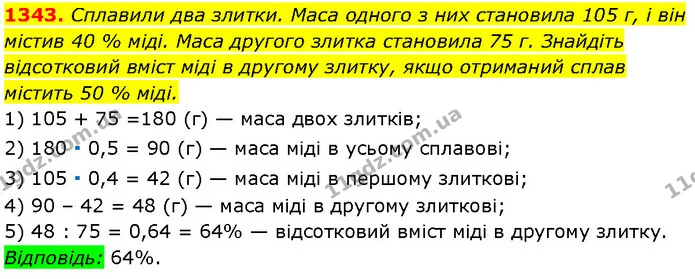 1343. Сплавили два злитки. Маса одного з них становила 105 г, і він містив 40 % міді. Маса другого злитка становила 75 г. Знайдіть — Алгебра 7 клас Мерзляк 2024