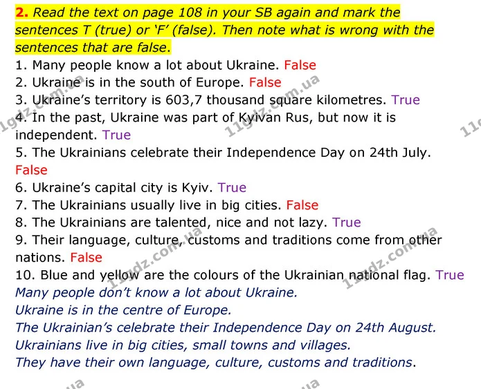 2. Read the text on page 108 in your SB again and mark the sentences T (true) or ‘F’ (false). Then note what is wrong with the — ГДЗ Робочий зошит Англійська мова 5 клас Карпюк