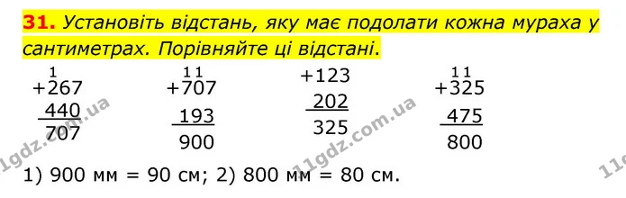 31. Установіть відстань, яку має подолати кожна мураха у сантиметрах. Порівняйте ці відстані. — ГДЗ Математика 4 клас Бевз 1 та 2 частини