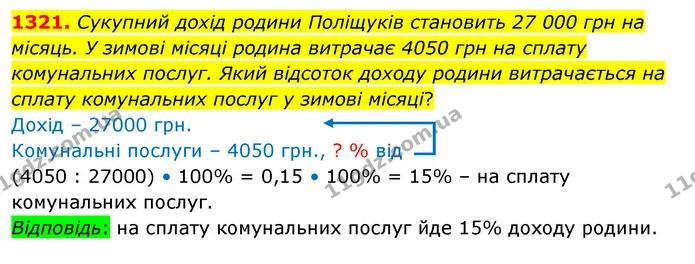 1321. Сукупний дохід родини Поліщуків становить 27 000 грн на місяць. У зимові місяці родина витрачає 4050 грн на сплату комунальних — ГДЗ Математика 6 клас Істер 2023 1-2 ч.