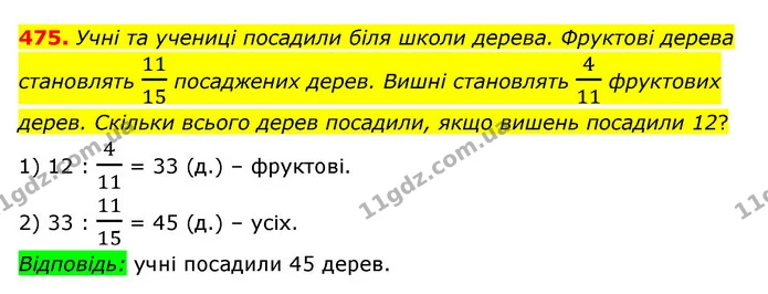 475. Учні та учениці посадили біля школи дерева. Фруктові дерева становлять 1115 посаджених дерев. Вишні становлять 411 фруктових — ГДЗ Математика 6 клас Мерзляк 2023 1-2 ч.