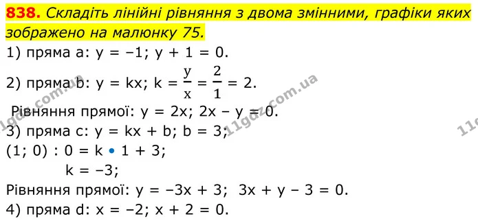 838. Складіть лінійні рівняння з двома змінними, графіки яких зображено на малюнку 75. — ГДЗ Алгебра 7 клас Тарасенкова 2024