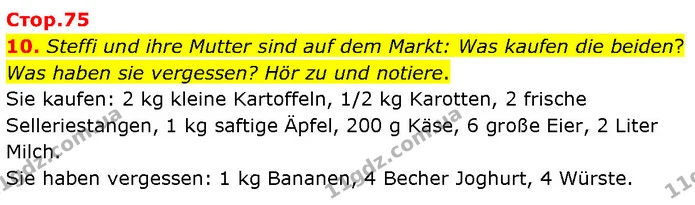 10. Steffi und ihre Mutter sind auf dem Markt: Was kaufen die beiden? Was haben sie vergessen? Hör zu und notiere. — ГДЗ Німецька мова 7 клас Басай