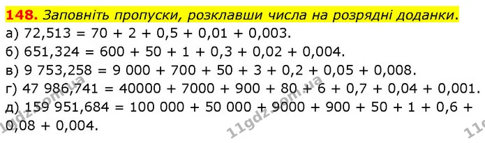 148. Заповніть пропуски, розклавши числа на розрядні доданки. — ГДЗ Математика 6 клас Біос 1-2 ч.