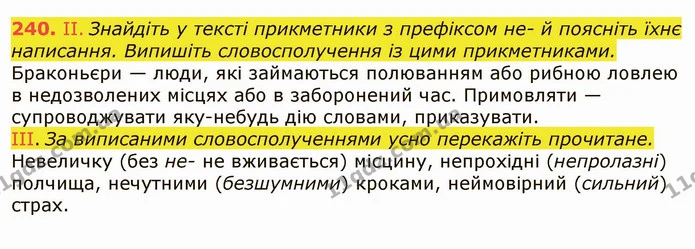 240. II. Знайдіть у тексті прикметники з префіксом не- й поясніть їхнє написання. Випишіть словосполучення із цими прикметниками. — ГДЗ Українська мова 6 клас Заболотний 2019