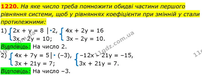 1220. На яке число треба помножити обидві частини першого рівняння системи, щоб у рівняннях коефіцієнти при змінній у стали — ГДЗ Алгебра 7 клас Істер 2024