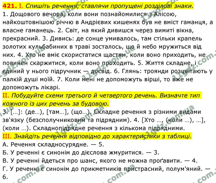 421. І. Спишіть речення, ставлячи пропущені розділові знаки. — ГДЗ Українська мова 9 клас Заболотний 2026
