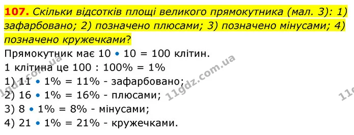 107. Скільки відсотків площі великого прямокутника (мал. 3): 1) зафарбовано; 2) позначено плюсами; 3) позначено мінусами; 4) позначено — ГДЗ Математика 6 клас Істер 2023 1-2 ч.