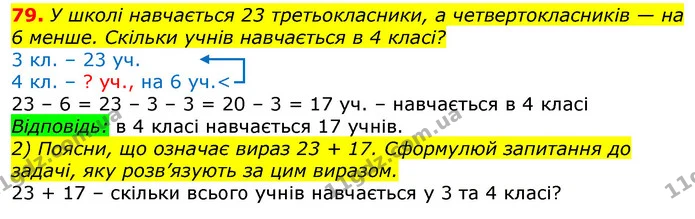 79. У школі навчається 23 третьокласники, а четвертокласників — на 6 менше. Скільки учнів навчається в 4 класі? — ГДЗ Математика 3 клас Листопад 1-2 ч.