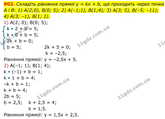 902. Складіть рівняння прямої у = kx + b, що проходить через точки А і В: 1) А(2;0), В(0; 5); 2) А(–1;1), В(1;4); 3) А(3; 5), В(–5 — ГДЗ Алгебра 7 клас Тарасенкова 2024