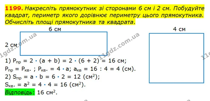 1199. Накресліть прямокутник зі сторонами 6 см і 2 см. Побудуйте квадрат, периметр якого дорівнює периметру цього прямокутника — ГДЗ математика 5 клас Мерзляк 2018