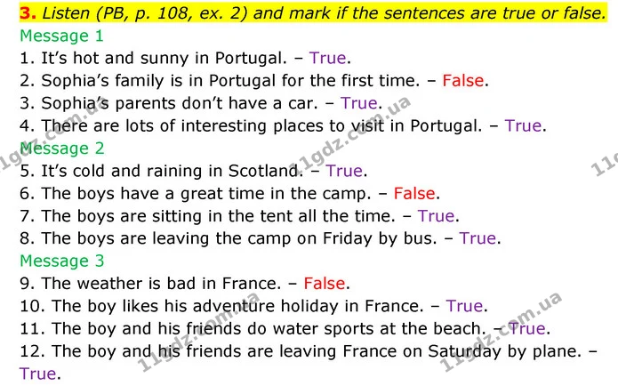 3. Listen (PB, p. 108, ex. 2) and mark if the sentences are true or false. — ГДЗ Робочий зошит Англійська мова 5 клас Косован (Дж. Коста)