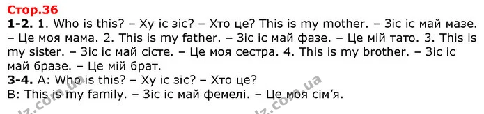 1-2. 1. Who is this? – Ху іс зіс? – Хто це? This is my mother. – Зіс іс май мазе. – Це моя мама. 2. This is my father. – Зіс іс май — Решебник English 1 клас Карпюк 2018