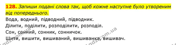 128. Запиши подані слова так, щоб кожне наступне було утвореним від попереднього. — ГДЗ Українська мова 6 клас Онатій