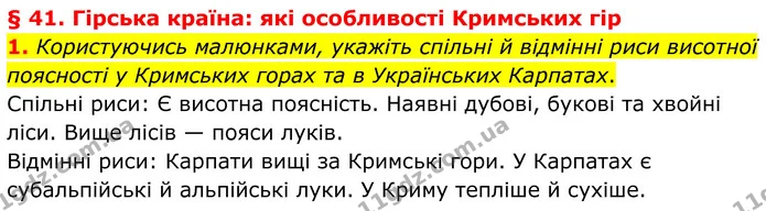 1. Користуючись малюнками, укажіть спільні й відмінні риси висотної поясності у Кримських горах та в Українських Карпатах. — ГДЗ Зошит практичні Географія 8 клас Гільберг