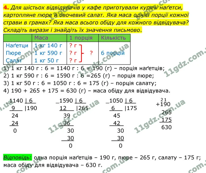 4. Для шістьох відвідувачів у кафе приготували курячі наґетси, картопляне пюре й овочевий салат. Яка маса однієї порції кожної страви в — ГДЗ Математика 4 клас Логачевська 1-2 ч. 2021