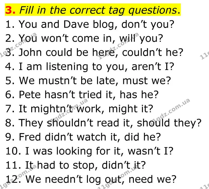 3. Fill in the correct tag questions. — ГДЗ граматика Англійська мова 8 клас Карпюк
