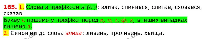 165. 1. Слова з префіксом з-(с-): злива, спинився, спитав, сховався, сказав. — ГДЗ Українська мова 5 клас Єрмоленко 2018