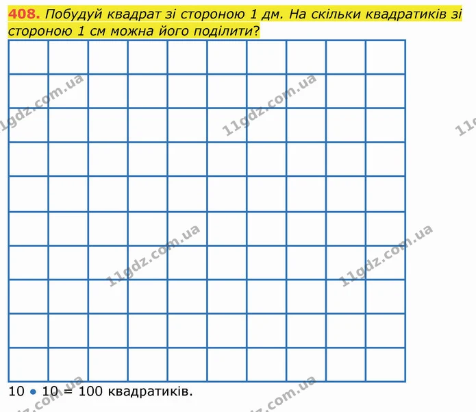 408. Побудуй квадрат зі стороною 1 дм. На скільки квадратиків зі стороною 1 см можна його поділити? — ГДЗ Математика 4 клас Заїка